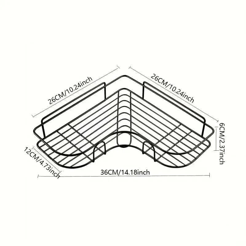 Wall mounted bathroom triangle storage rack in black, iron material, hollow-out design for efficient water drainage.