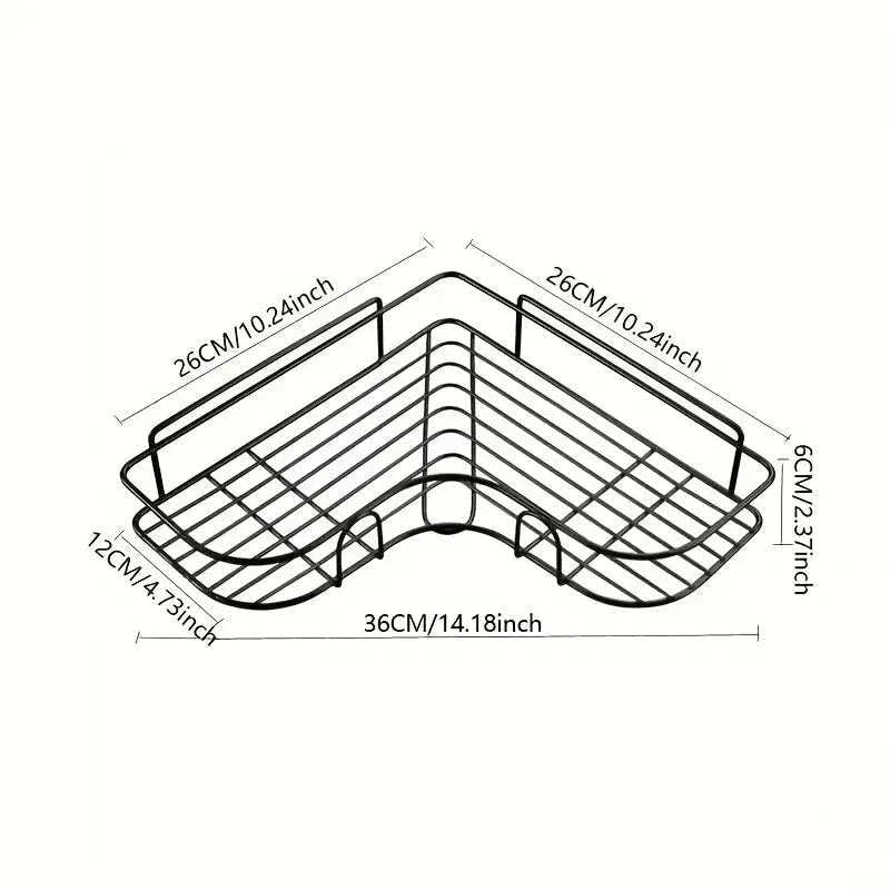 Black corner shower caddy with dimensions, wire mesh design for bathroom storage
