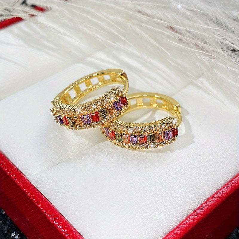 18K Gold Plated Rectangle Cut Topaz Zircon Hoop Earrings for Women