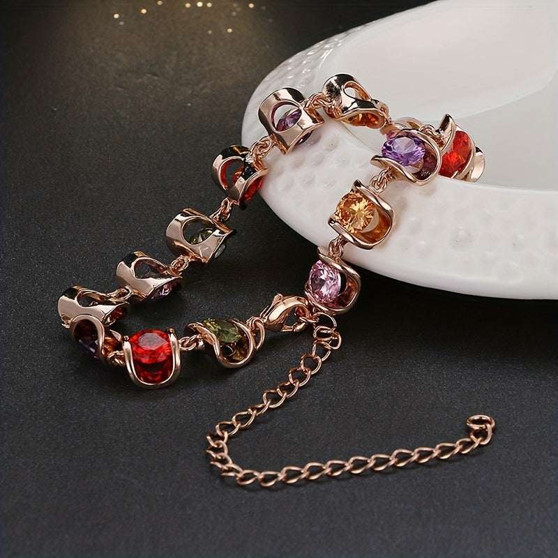 Vintage Light Luxury Water Drop Zircon 18K Gold Plated Bracelet with multicolored stones