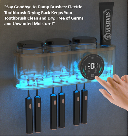 Smart electric toothbrush drying rack with UV sterilization and touch controls hanging with toothbrushes.