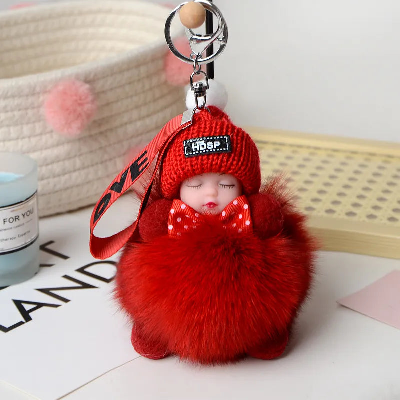 Cute Sleeping Baby Pompom Keychain 