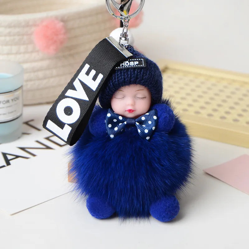 Cute Sleeping Baby Pompom Keychain 