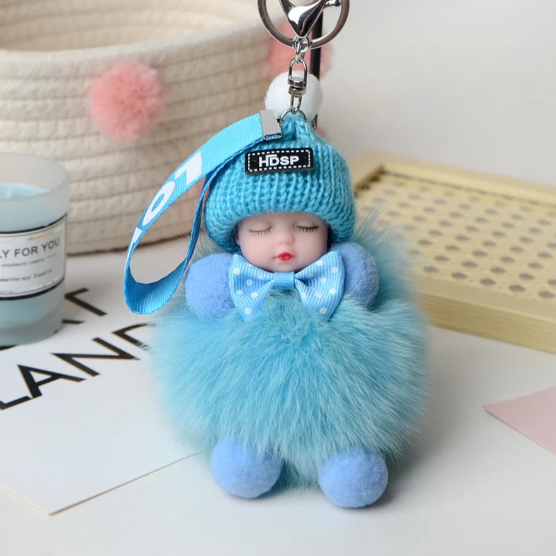 Cute Sleeping Baby Pompom Keychain 