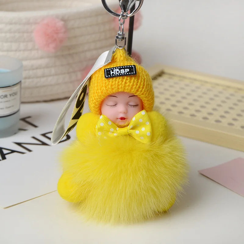 Cute Sleeping Baby Pompom Keychain 