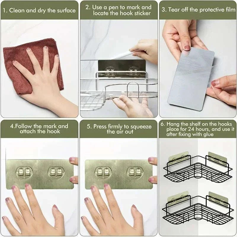 Installation steps for black and white wall mounted bathroom triangle storage rack, showing cleaning, marking, applying sticker, attaching hook, and mounting shelves.