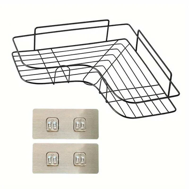 Wall mounted bathroom triangle storage rack in black with mounting stickers.