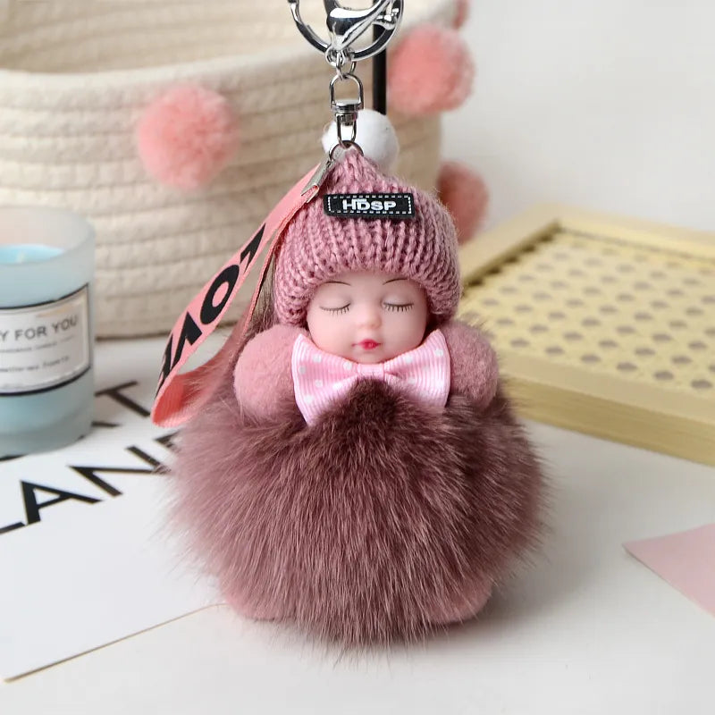 Cute Sleeping Baby Pompom Keychain 
