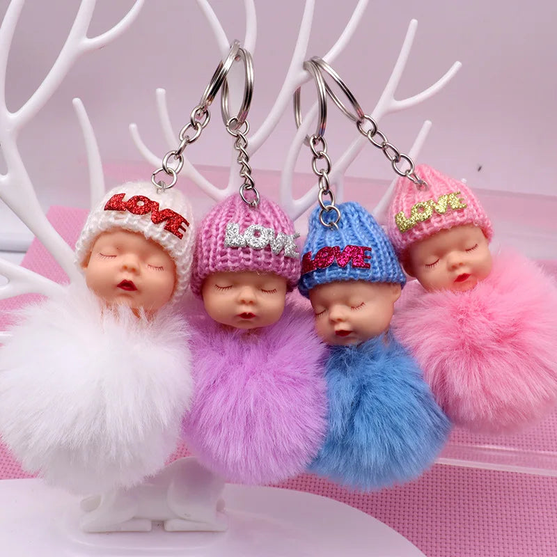 Cute Sleeping Baby Pompom Keychain 