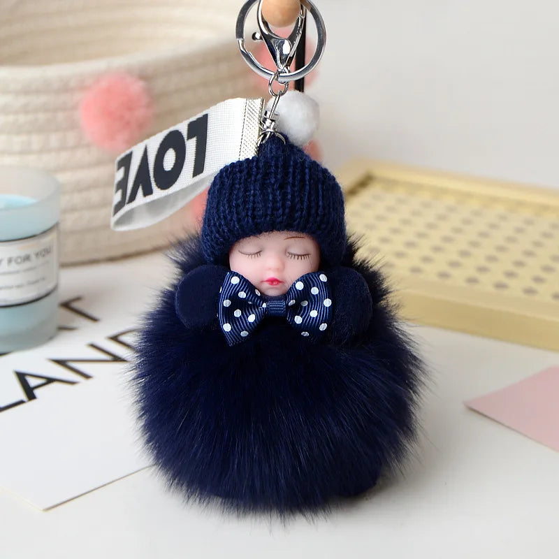 Cute Sleeping Baby Pompom Keychain 