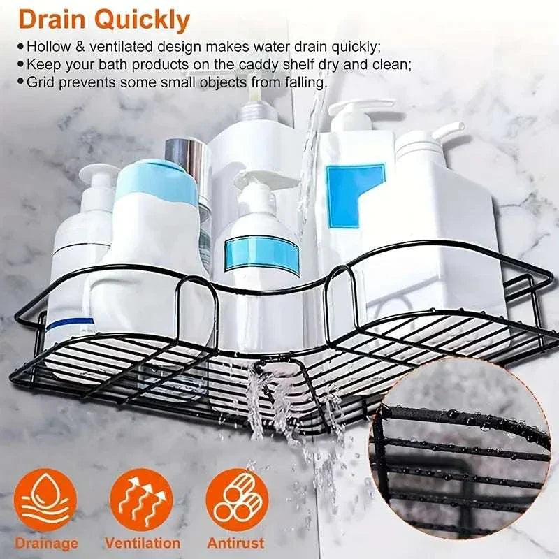 Wall mounted bathroom triangle storage rack in black with bottles, promoting drainage, ventilation, and antitrust features.