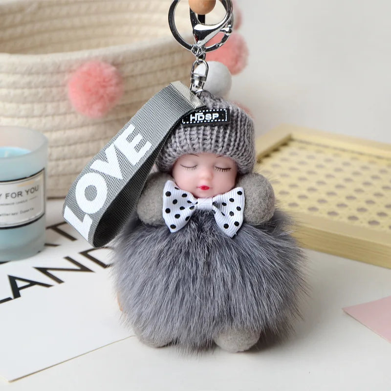 Cute Sleeping Baby Pompom Keychain 