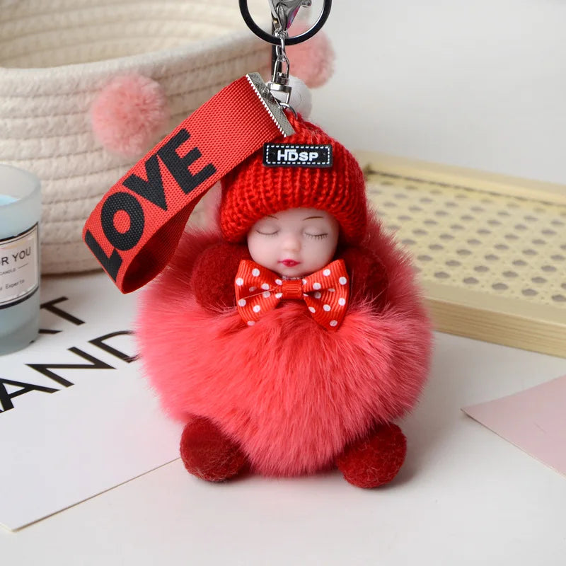 Cute Sleeping Baby Pompom Keychain 
