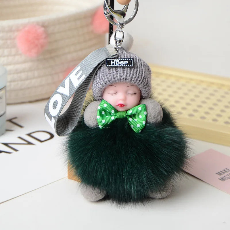 Cute Sleeping Baby Pompom Keychain 