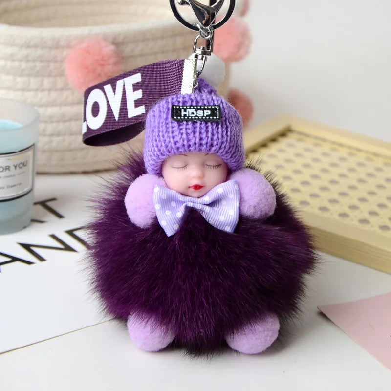 Cute Sleeping Baby Pompom Keychain 