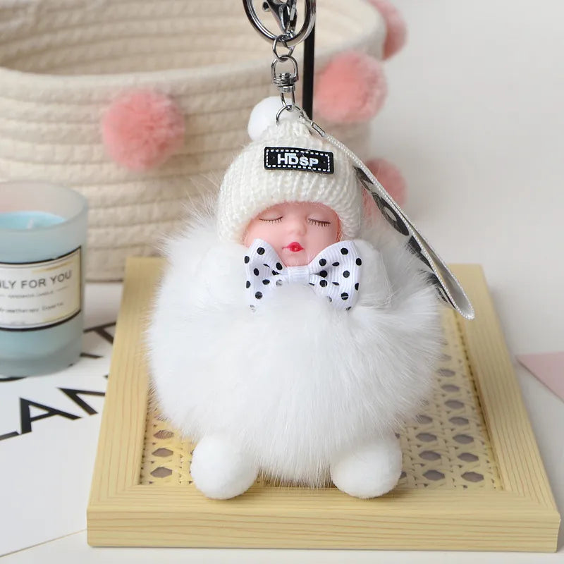 Cute Sleeping Baby Pompom Keychain 